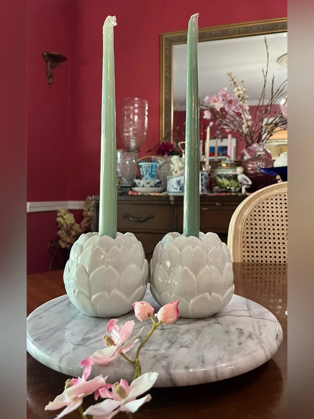 Pair Celadon Green Ceramic Artichoke Taper Candle Holders & Candles -VTG Style